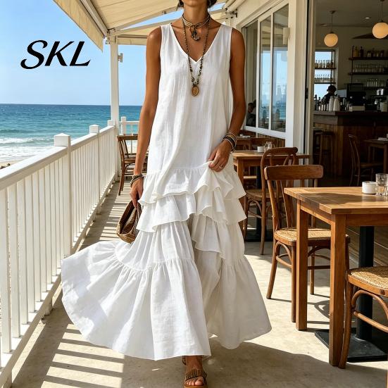 Women Dress Women's Sleeveless Summer Long Tank Dress, V Neck Tiered Layered Lotus Leaf Skirt Ruffle Maxi Casual Loose Flowy Beach Sundress