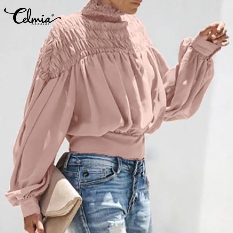 

Celmia Spring Womens FBlouse Puff Длинные рукава Высокий воротник Свободные топы