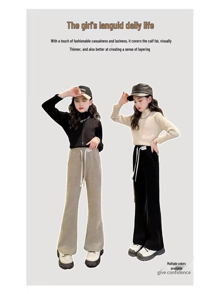 Girls' Black Plus Velvet Straight-Leg Sweatpants - New Autumn/Winter 2025 for Junior High Students