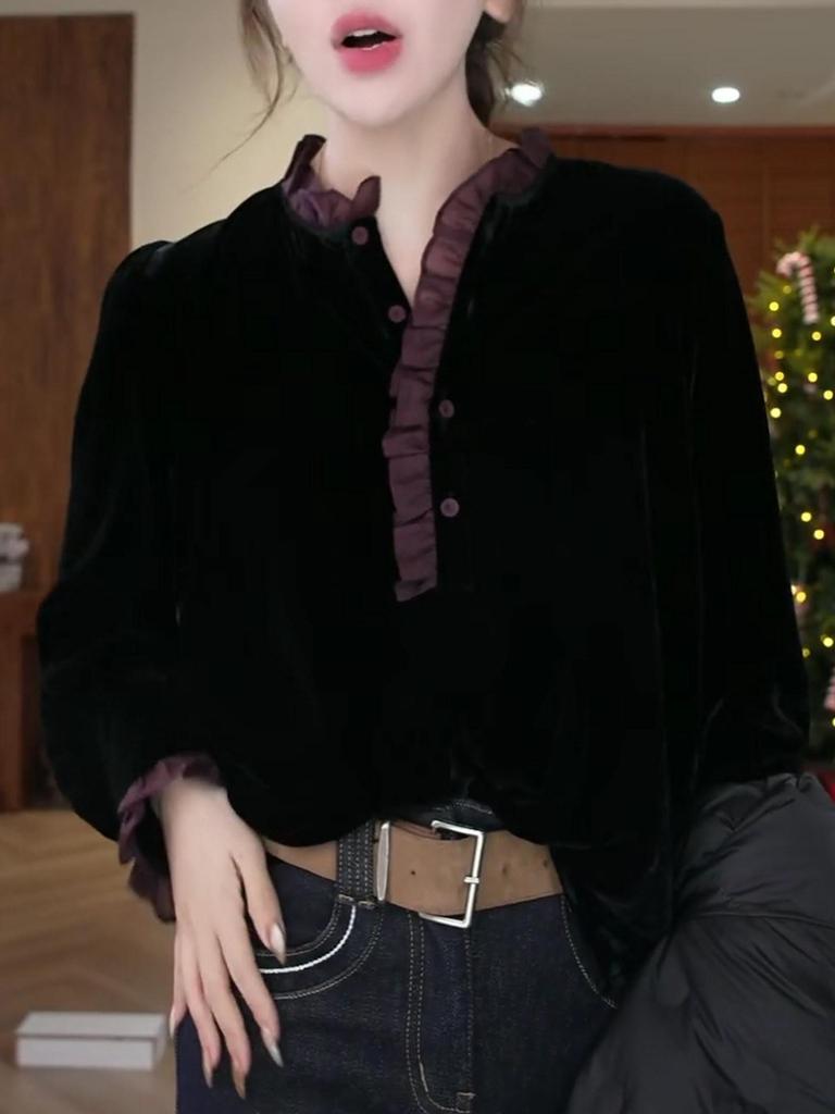 French Velvet Patchwork Lace Long Sleeve Shirt - Plus Size Slimming Loose Fit for Autumn/Winter 2025