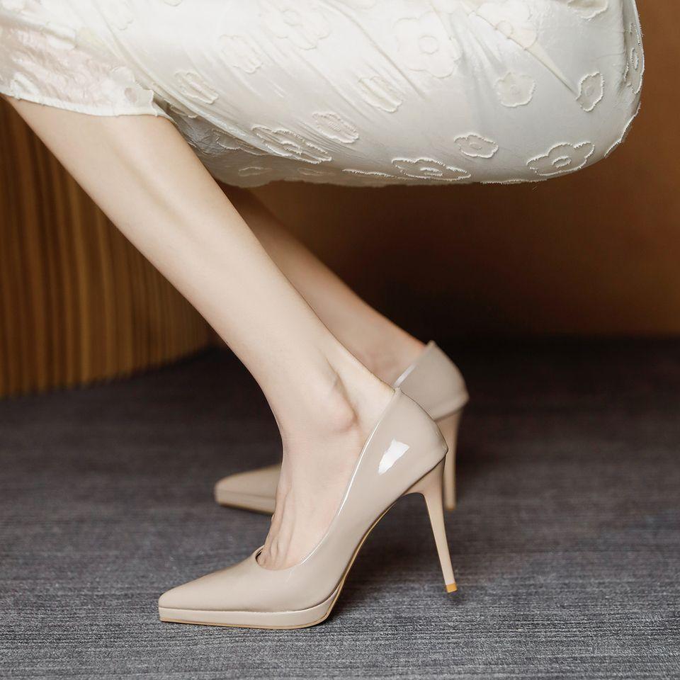 Not tired feet naked waterproof table high heels women's thin heels 2025 spring and autumn soft leather new pointed versatile temperament single shoes