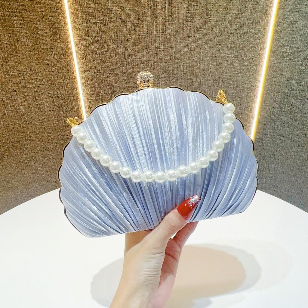 Shell Evening Clutch Bag For Women With Pearl Embellishments And Silk Material For Formal Events