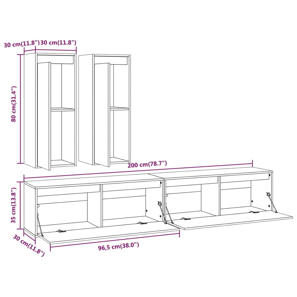 TV Cabinets Set of 4 White Solid Pine Wood