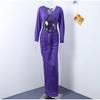 Purple Hollow Dress Sexy Exposed Belly Women Pleated Bow Long Sleeved V-Neck Slim Wrap Hip Dress 2025 New Summer Fashion