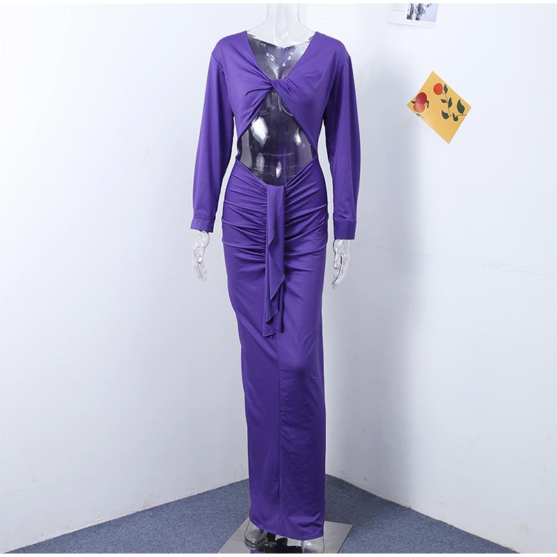 Purple Hollow Dress Sexy Exposed Belly Women Pleated Bow Long Sleeved V-Neck Slim Wrap Hip Dress 2025 New Summer Fashion