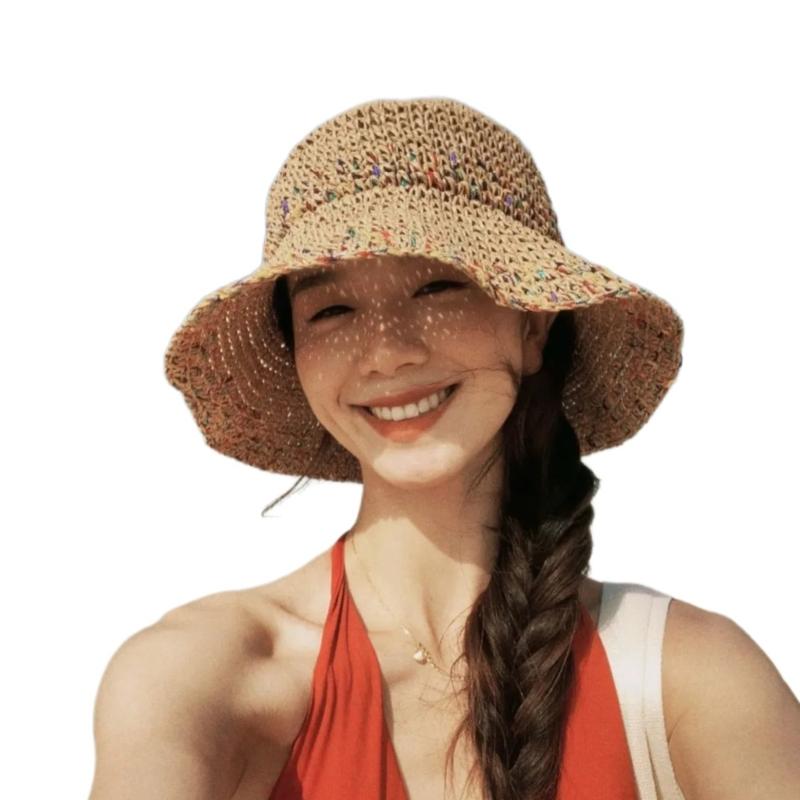 Elegant Straw Hat Bucket Hat Handwoven Breathable Crocheted Hat Holiday Vacation Hat Western Wide Brimmed