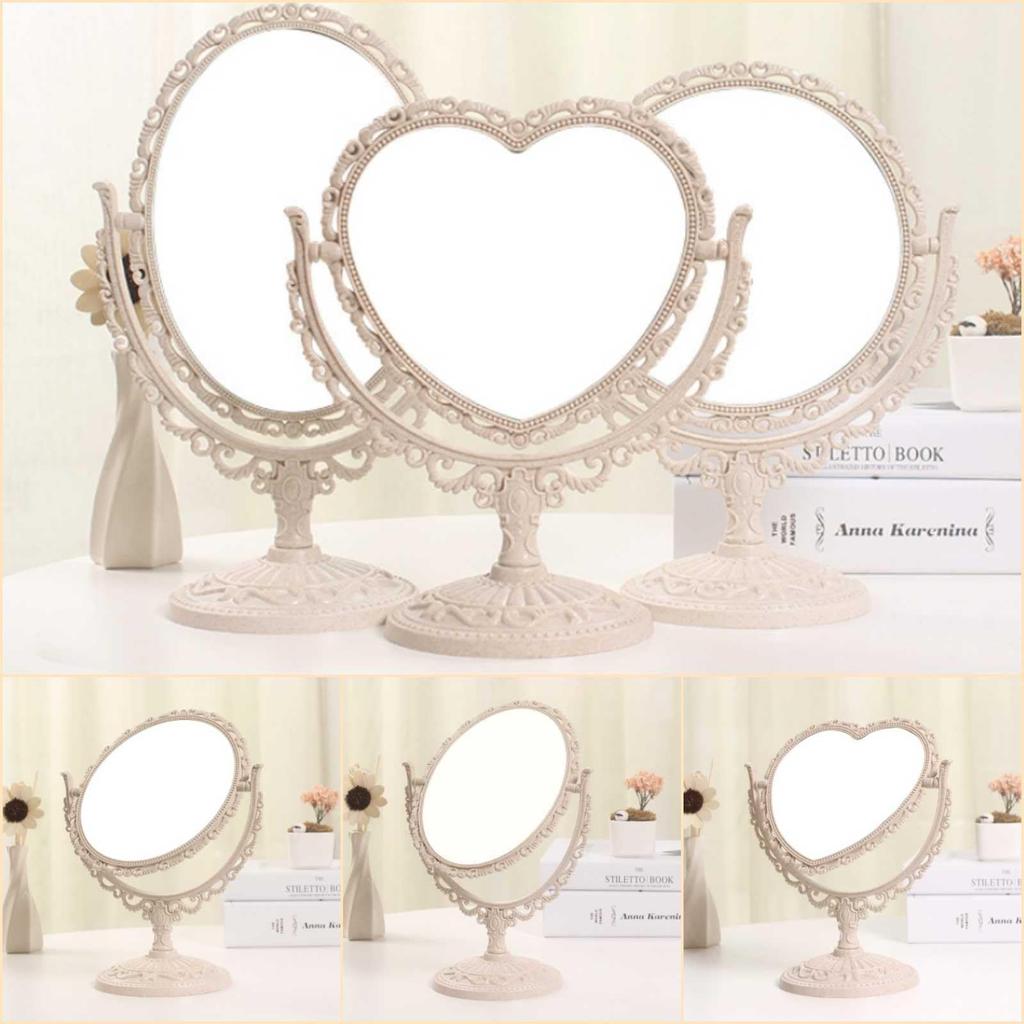 Lunari Antique Tabletop Standing Princess Makeup Round Double-Sided Mirror, Mirror, European-Style Marble-Effect Mirror, (Circle)