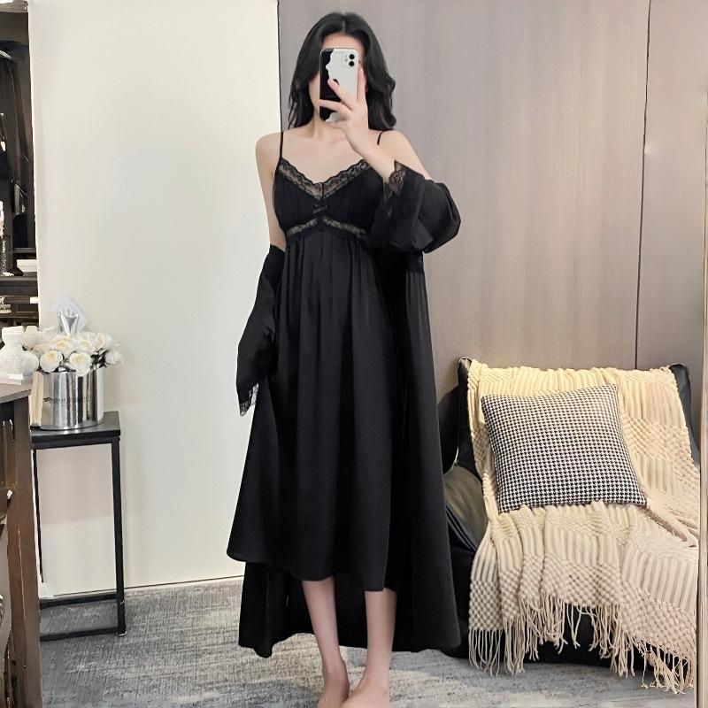 New long dress ice silk suspender nightdress thin female sexy lace pajamas two-piece set long loungewear