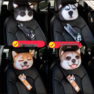 Cartoon 3D Car Headrest Neck Support Pillow - Plush, Cute Interior Car Seat Accessory