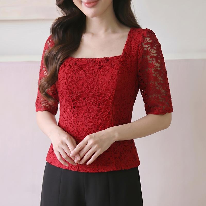 ZANZEA Women Elegant Square Collar 3/4 Sleeve Hollow Lace Crochet Patchwork Blouse M