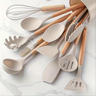 12pcs, Silicone Utensil Set with Wooden Handle, Non-Stick Kitchen Tools Set, Kitchen Accessories