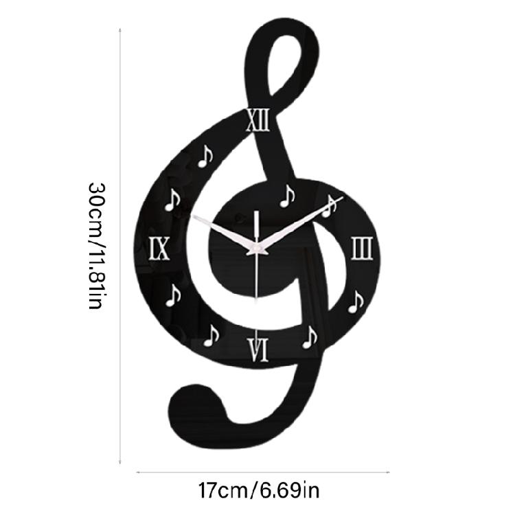 Analoge Wanduhr aus Acryl, schwarz, mit 3D-Musiknoten-Design, leises Uhrwerk, Hängeuhr-Dekorationen, einfache Hakenmontage