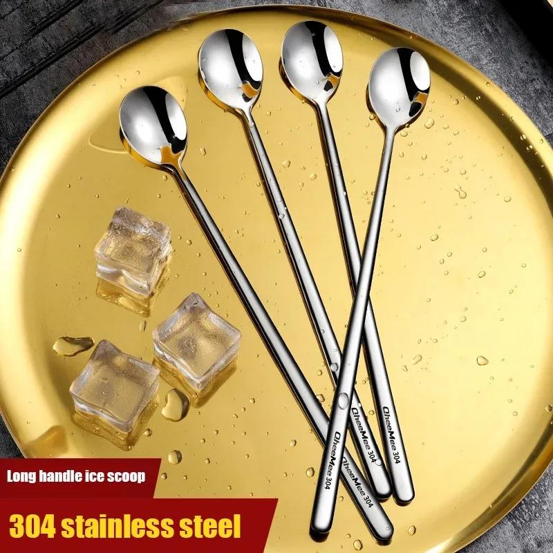 304 Stainless Steel Spoons Ice Cream Spoons Long Handle Coffee Spoons Stirring Spoons Golden Texture Teaspoon Kitchen Utensils