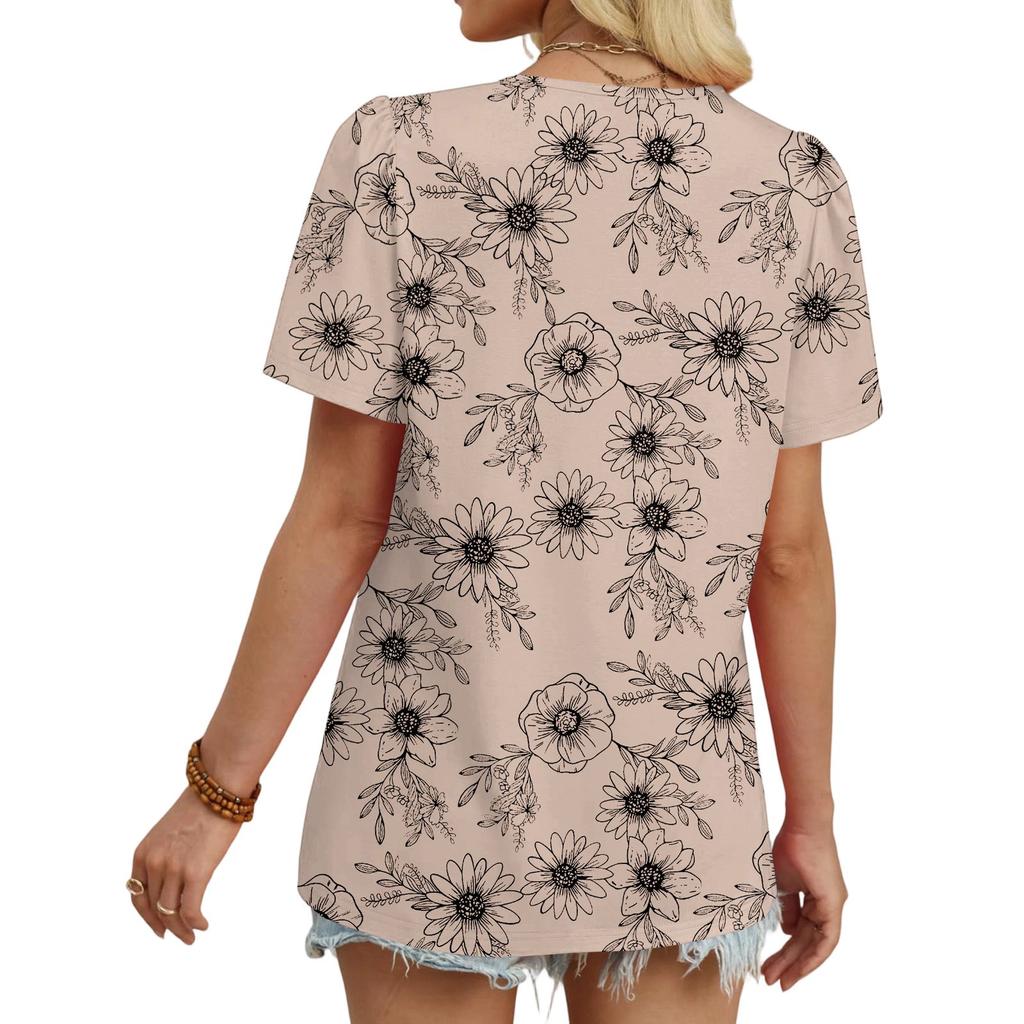Women's Casual Fashion Round Neck Floral Printed Pleated Short Sleeve T,shirt Top