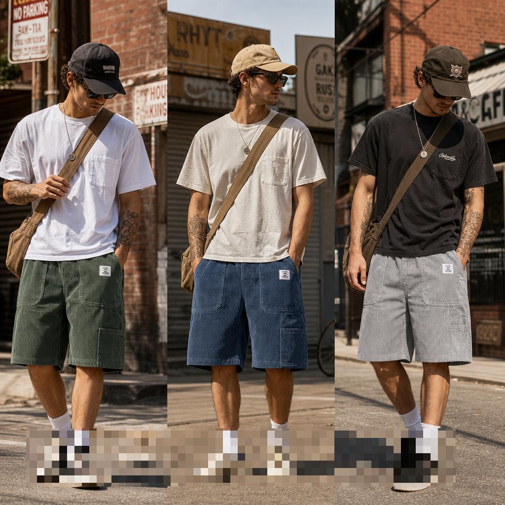 Herren Vintage Cord Cargoshorts, Modische Mehrzwecktaschen Gesticktes Etikett Lässige Kurzhosen