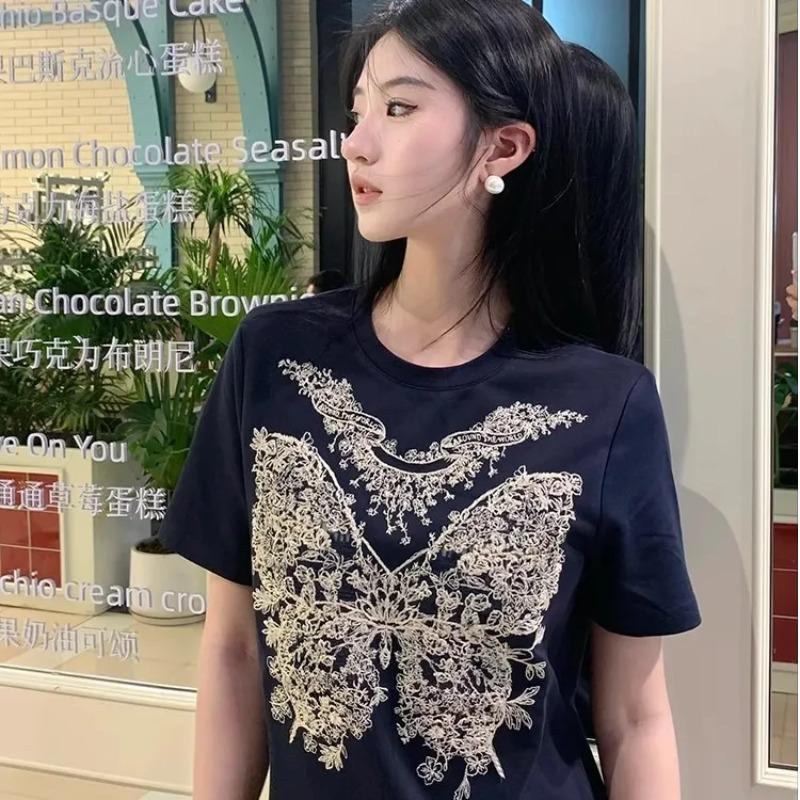 French High-end Butterfly Cartoon Print Short-sleeved T-shirt New Pure Cotton Loose Top