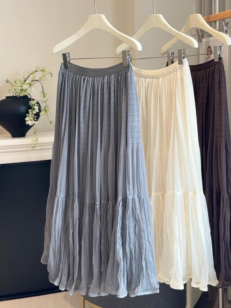 Elegant Pleated Mesh Patchwork A-Line Skirt - Women's Autumn Elastic Waist Midi