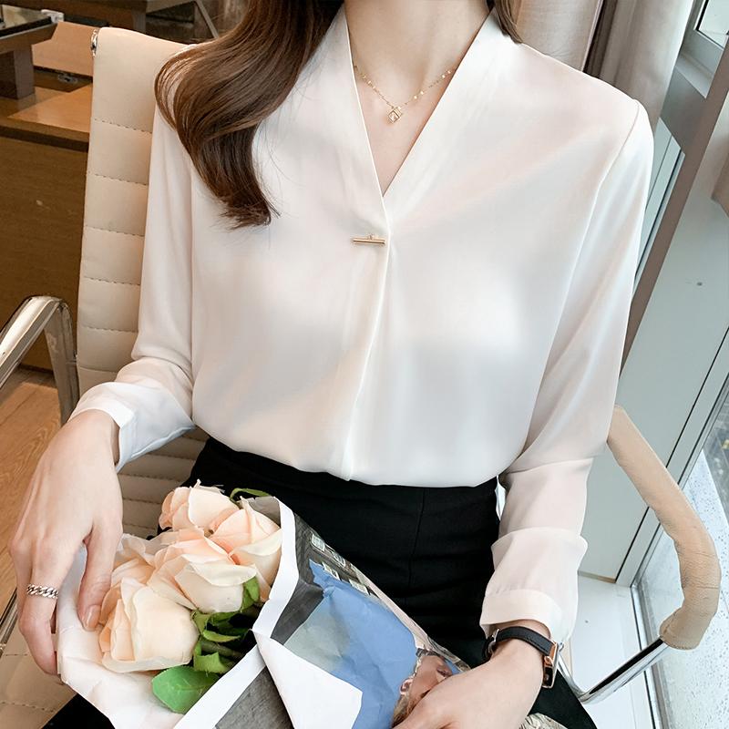 

Новая мода с длинным рукавом, офисная женская белая шифоновая блузка с V-образным вырезом, женская рубашка, топы, блузки, рубашки J334 S белый
