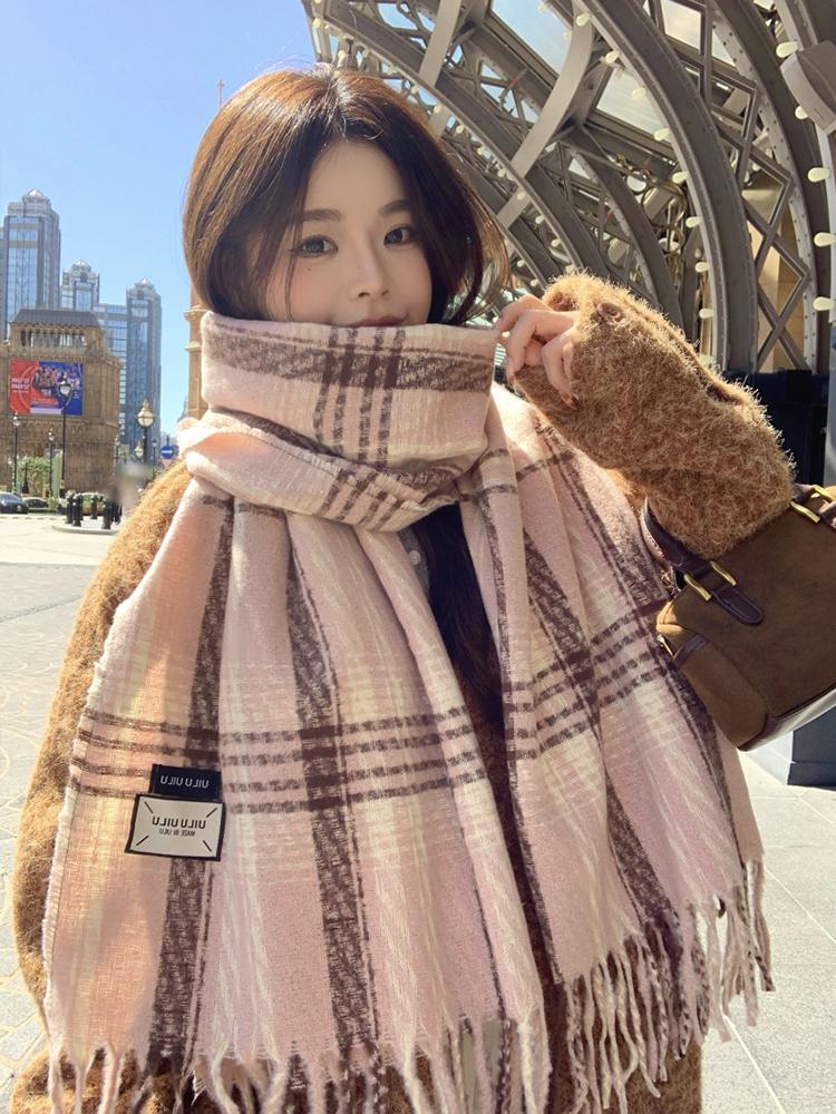 Women Retro Plaid Knitted Scarf Headscarf Ladies Casual Sweet Tassel Warm Scarve Mujer Wrap Shawl Student Young Girl New Winter