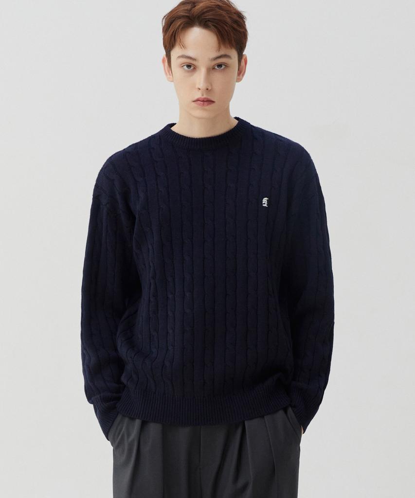 TRILLION Washable Boat Embroidery Cable Crew Neck Knit (Current Navy)