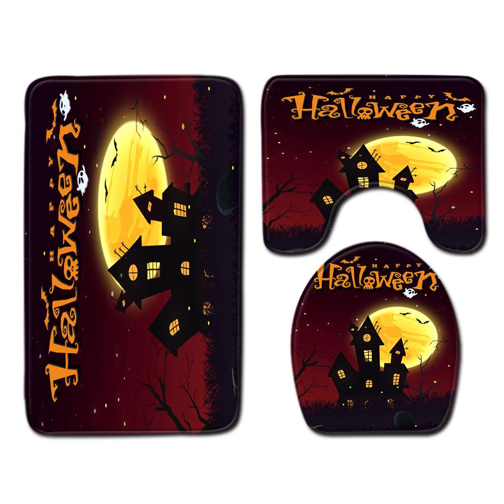 Halloween Shower Curtain Floor Mat Combination Four-Piece Set Bathroom Toilet Carpet Shower Room Foot Door Mat