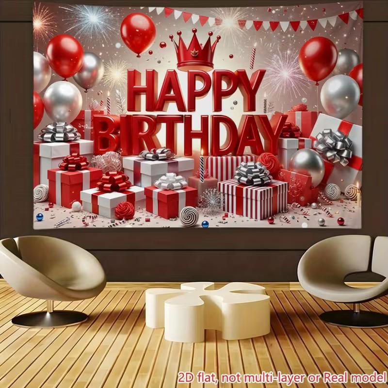 2D 2D Flat Birthday Backdrop, Red Silver Party Photography Background