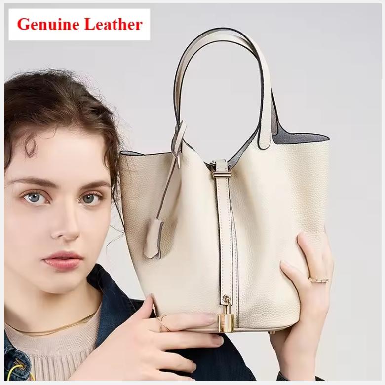 Genuine Leather Shoulder Bucket Bag Women Litchi Pattern Mini Basket Tote Soft Handbag Mommy Bride Wedding Bags with Lock
