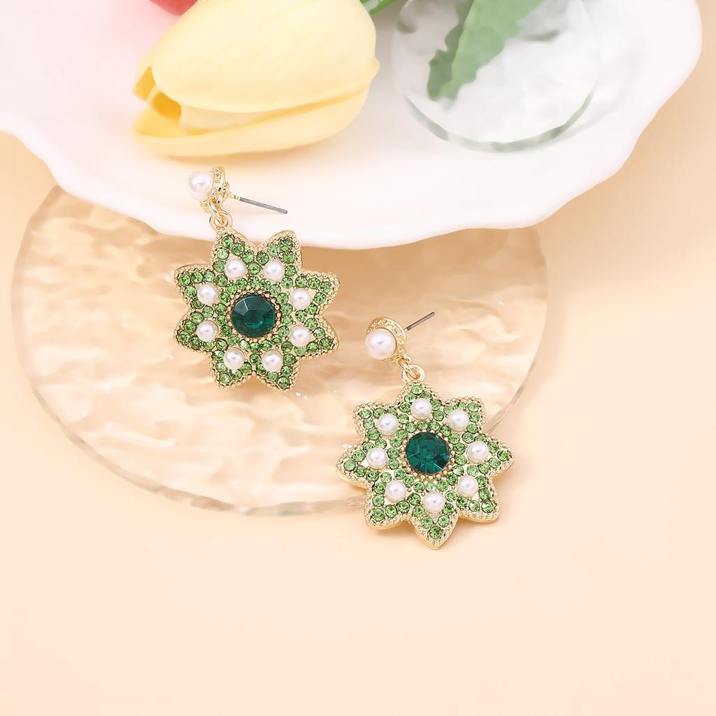 Bohemian vintage colored diamond-encrusted rice beads flower floral earrings imitation pearls exaggerated statement earrings