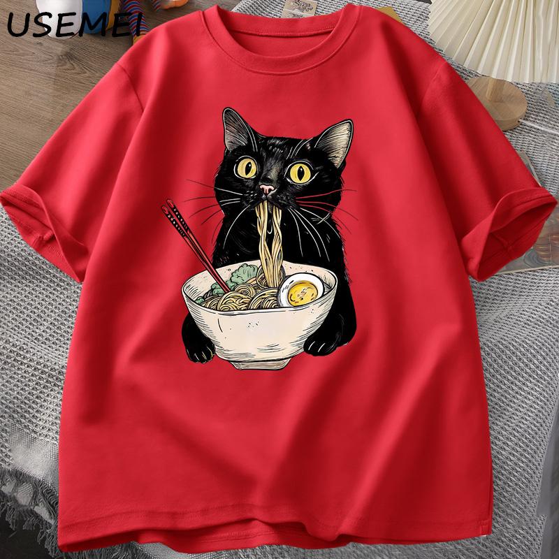 Noodle RaUnisex Cat TShirt Foodie Lover T Shirts Black Cat Noodle TShirts Retro Casual Short Sleeve Tshirt for Unisex Women Clothes XL