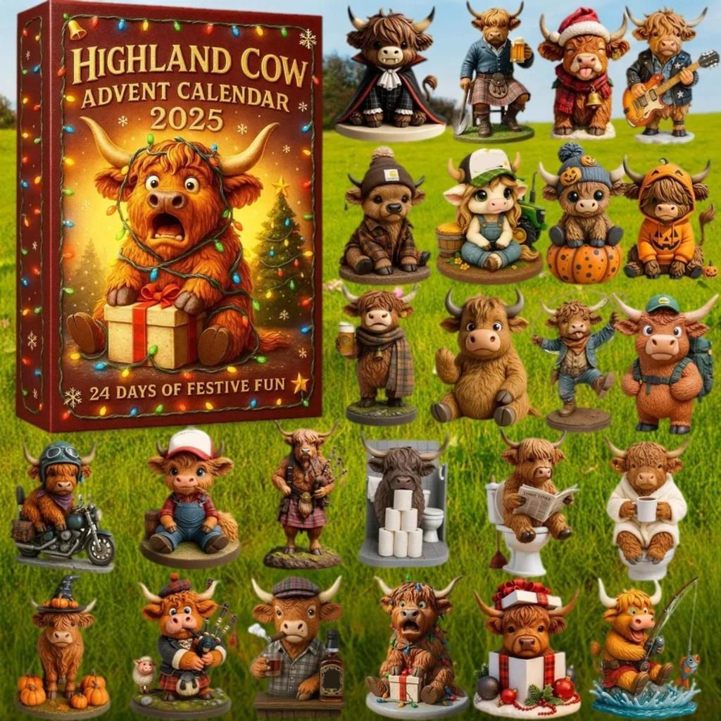 24pcs Christmas Advent Calendar 2D Acrylic Highland Cow Ornaments Christmas Tree Pendant Decorations Xmas Navidad Countdown Gift