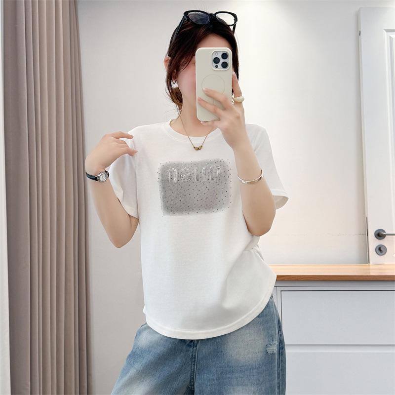 2026 Plus Size Short Sleeve Rhinestone T-Shirt - Women s Casual Round Neck Fashion Top XL белый