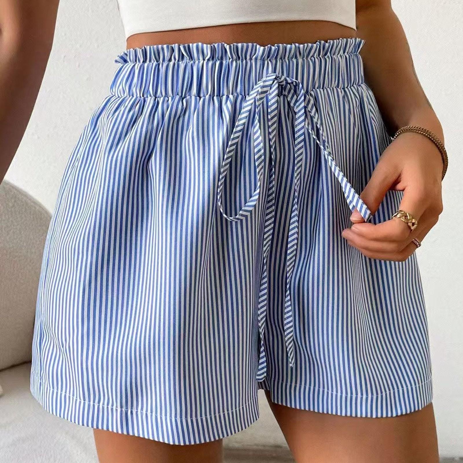 

Полосатые шорты для женщин с высокой талией, пляжные повседневные шорты с завязками на резинке и летним поясом с карманами XS небесно-голубой