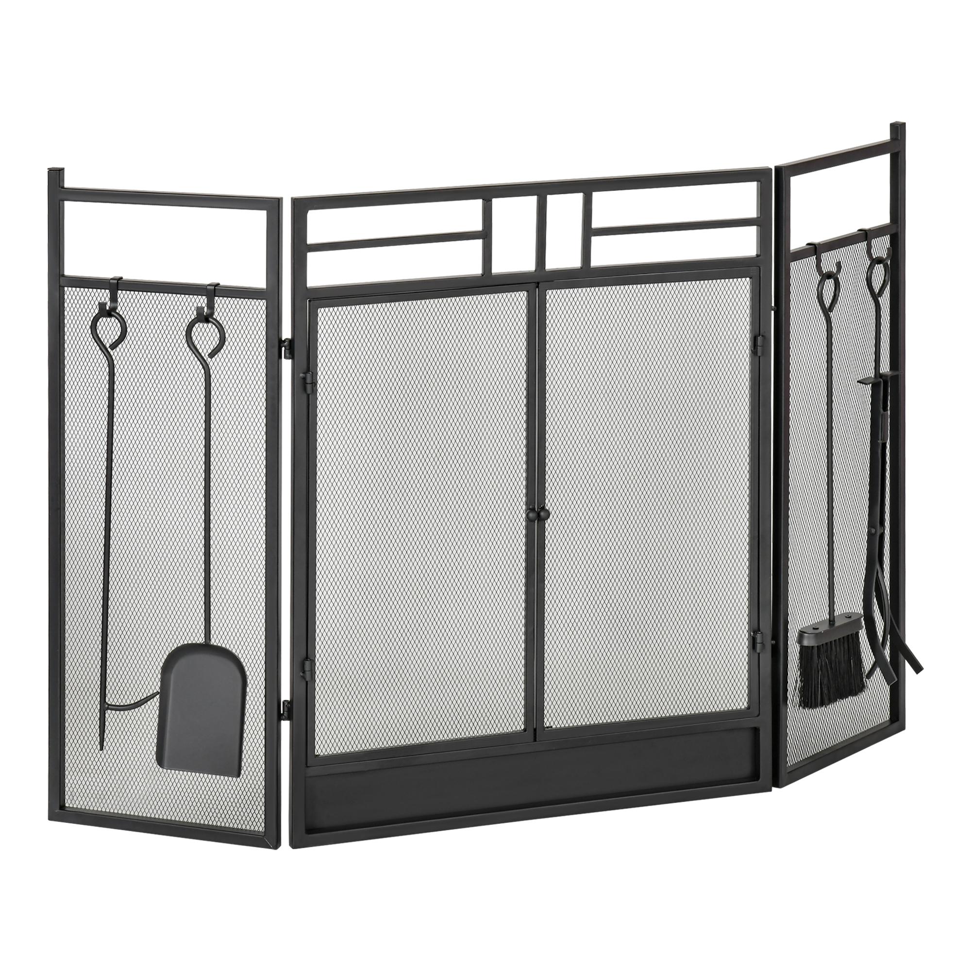 Grand écran de cheminée pour cheminée ou poêle Garde-étincelles Butler 2 en 1 Avec accessoires 3 panneaux pliables et porte