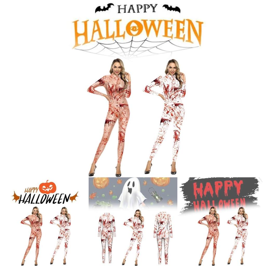 Trendy 2024 European And American Style Women's Halloween Jumpsuit With Bloodstain Digital Print Design
