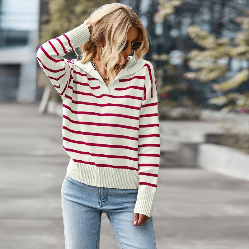 Autumn and Winter Polo Collar Women's Sweater Contrasting Striped Top
