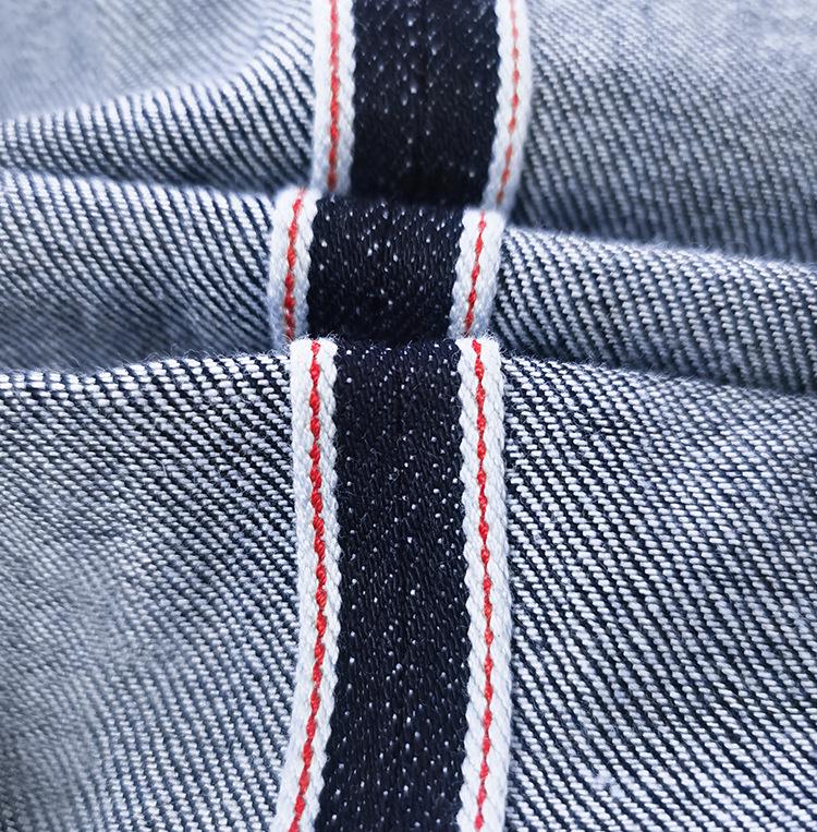 Okayama Selvedge Denim Jeans, Red Trim, Original Color, Dark Blue Cuffed Hem, Straight Leg, Slim Fit, Classic Retro Style.