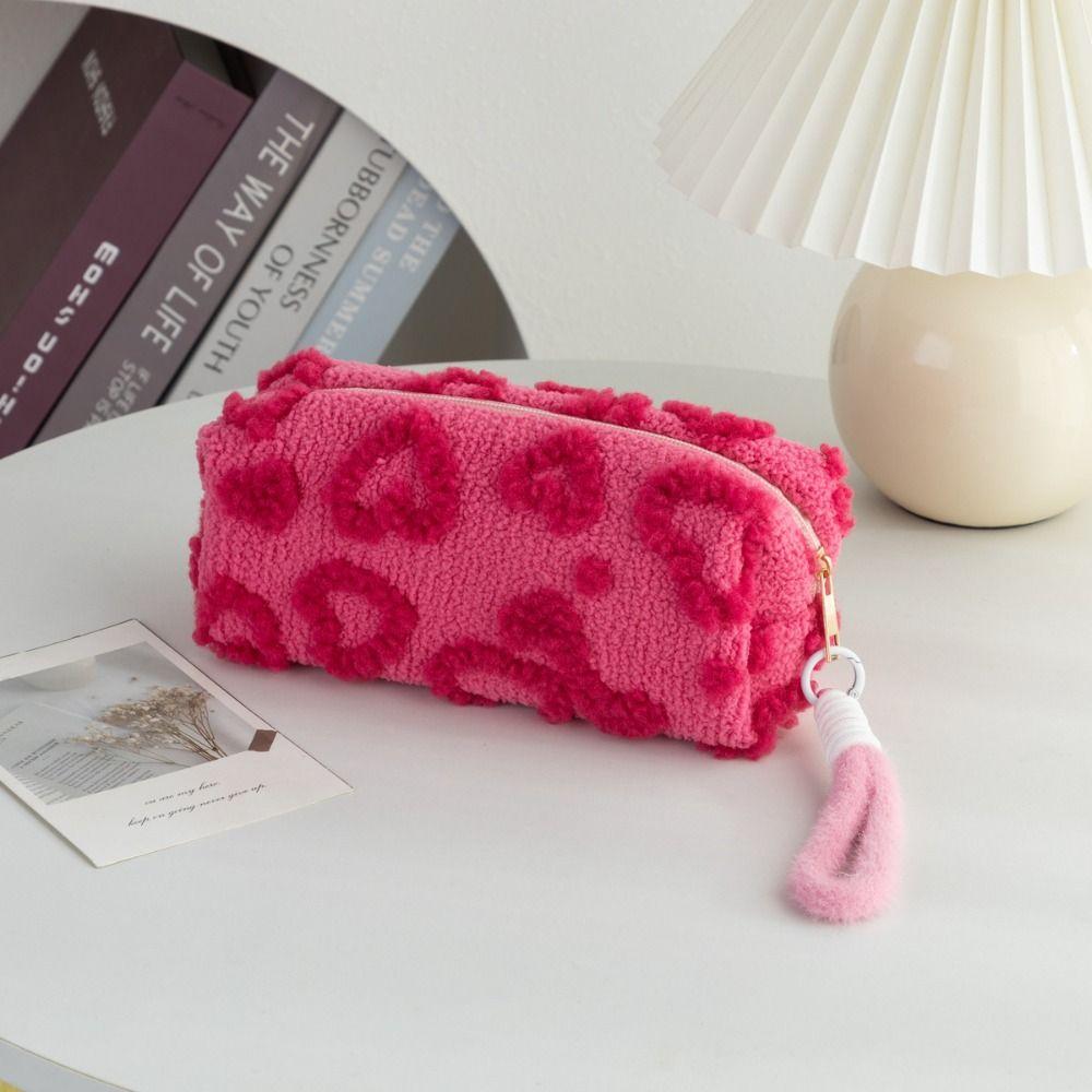 Kawaii Berber Fleece Pencil Case Lifting Rope Love Heart Pattern Pencil Pouch Large Capacity Pen Bag Student