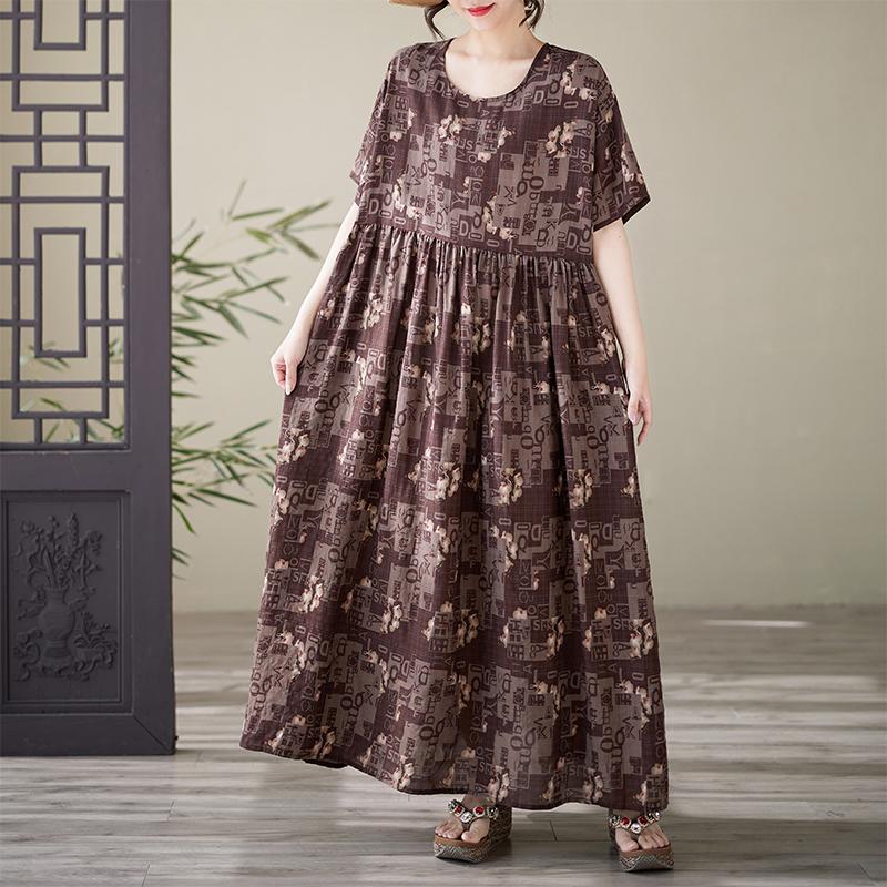 DIMANAF 2025 Summer Plus Size Dress Basic Women Casual Loose Long Vintage New Oversized Printing Dress Maxi