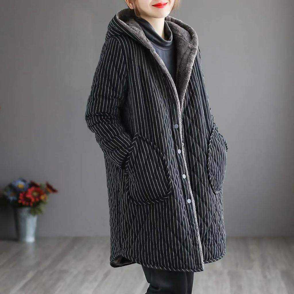Winter Aunt Padded Jacket Mid-length Hooded Padded Jacket Padded Jacket Women Plus Velvet Thickened Large Size Western Style Overalls
