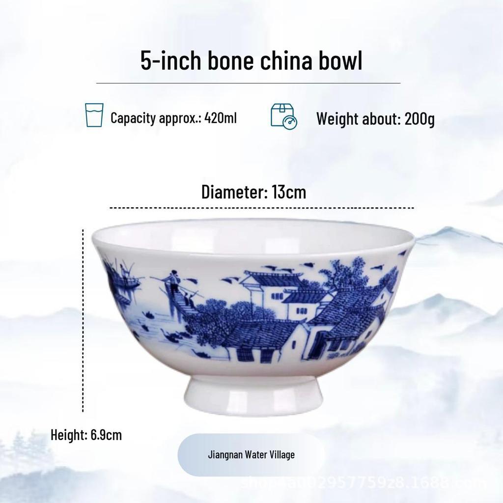 Blue and White High-Foot Bone China Noodle Bowl - Chinese-Style, Anti-Scald, Customizable for Birthdays