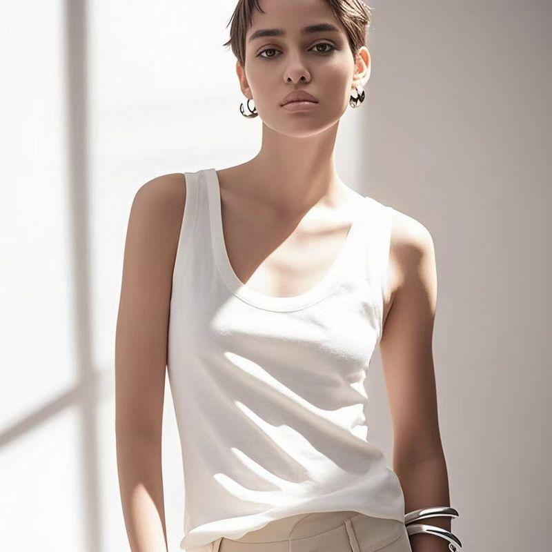 Linen French style UK Spaghetti Strap Cotton Top Cami Sexy White U Collar Thread Export Brown