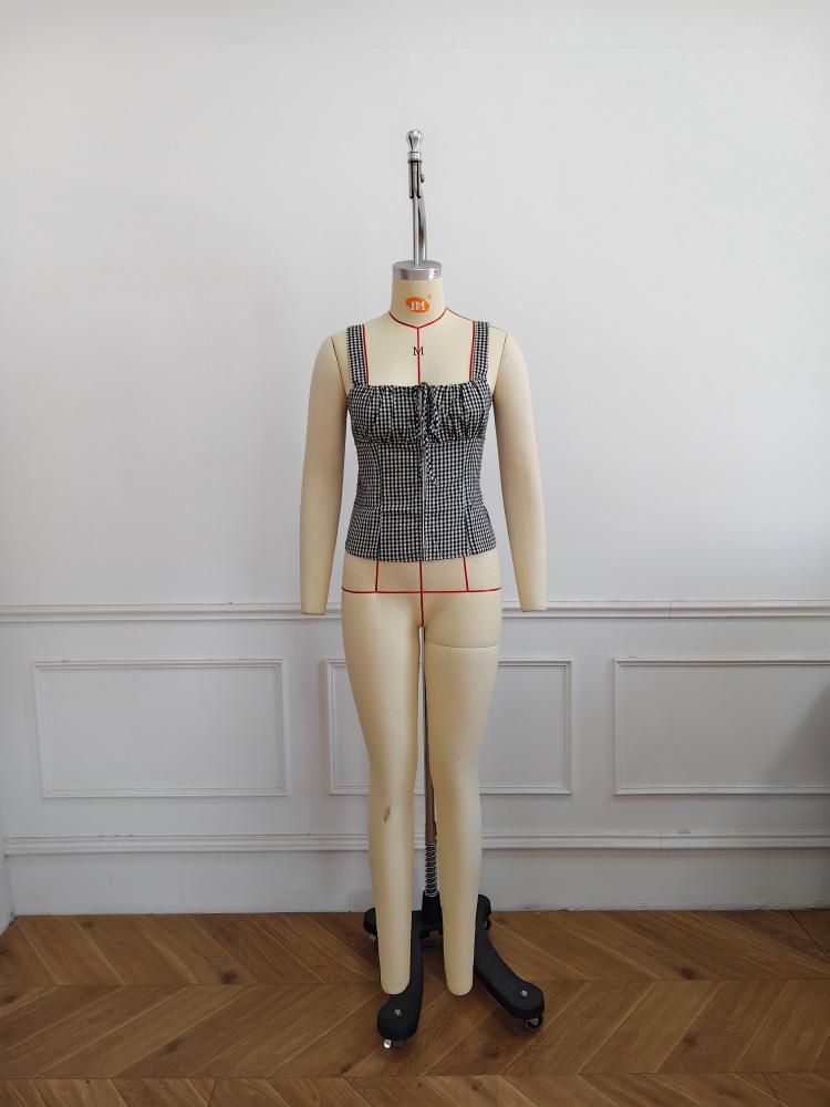 2025 Sweet & Spicy Slim-Fit Spaghetti Strap Plaid Elastic Top - European & American Summer Style