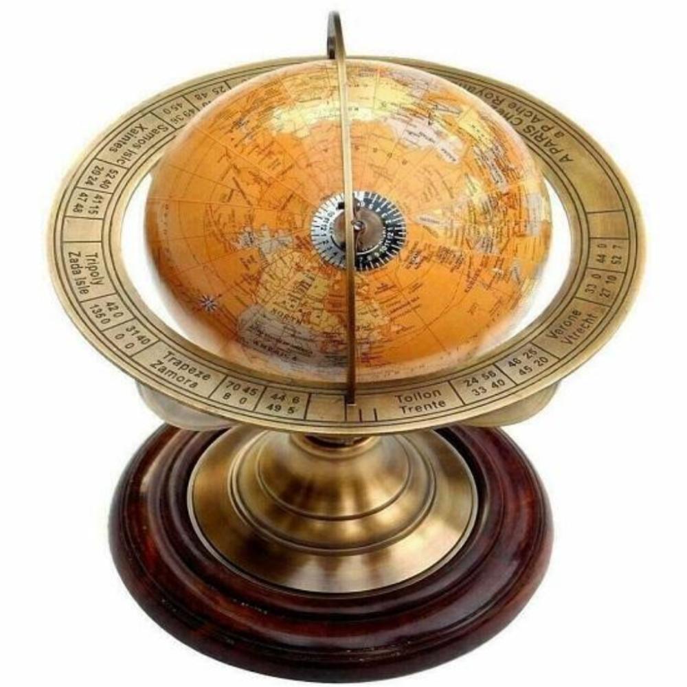 Antique Brass World Map Globe – 27 Cm Nautical Desk Décor with Astrolabe Armillary Sphere Design