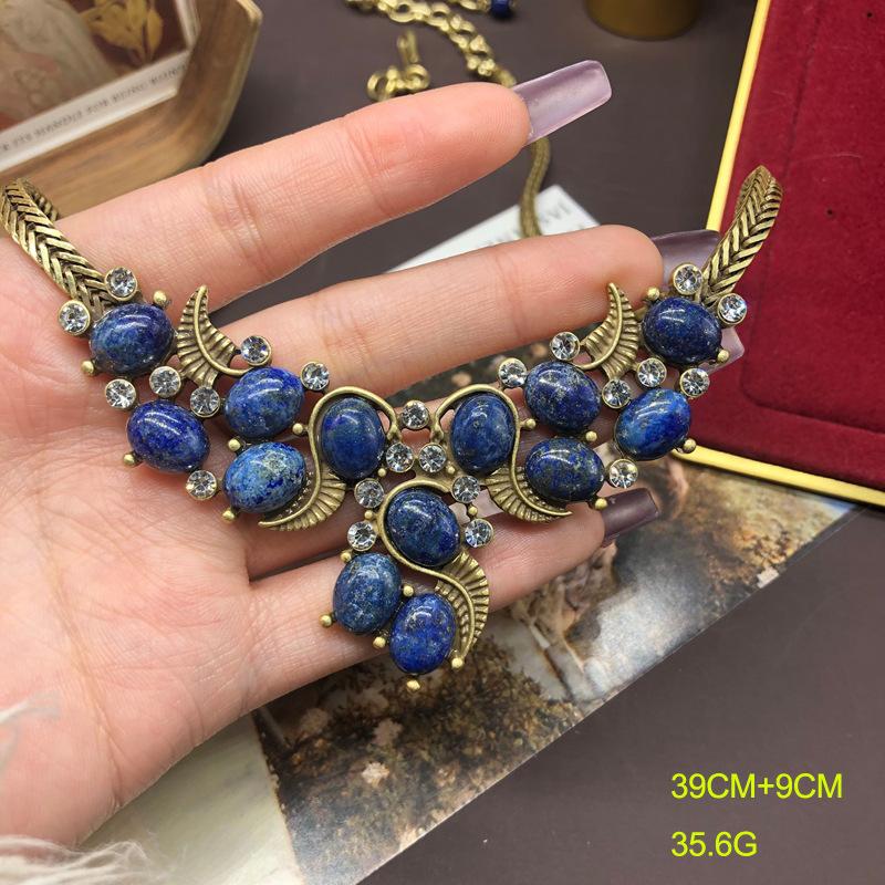 Vintage Design Copper Chain Made Old Gold Qinghai Green Turquoise Lapis Lazuli Necklace Stud Earrings Set Elegant Versatile Jewelry
