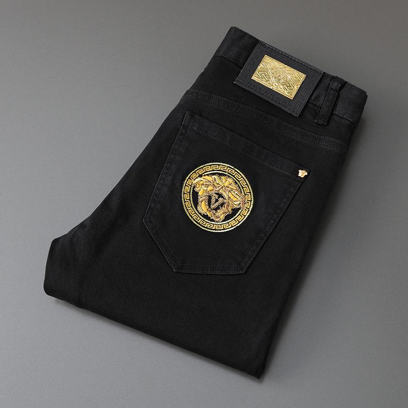 Men's Slim Straight Stretch Jeans with Gold Embroidery - Spring/Autumn Collection
