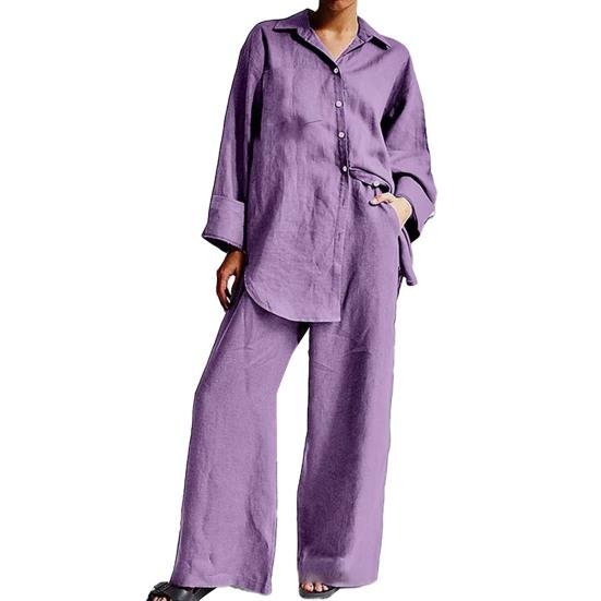 2 ks/sada Dámské Podzimní košile Kalhoty Set Dlouhý rukáv Halenka na knoflíky Vysoký pas Kapsy Volné Rovné kalhoty Běžný oblek