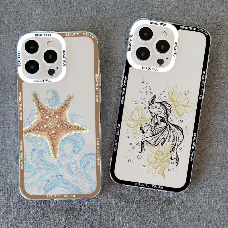 Ocean Whale Jellyfish Hand Painted Pattern Clear Phone Case For iphone 14 11 12 13 15 Plus Pro Max 7 8 Plus SE2020 X XR XS Cover