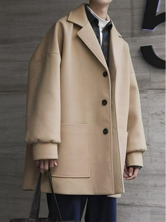 Men's Trendy Mid-Length Wool Coat - Loose Fit, High-End Single-Breasted for Autumn & Winter