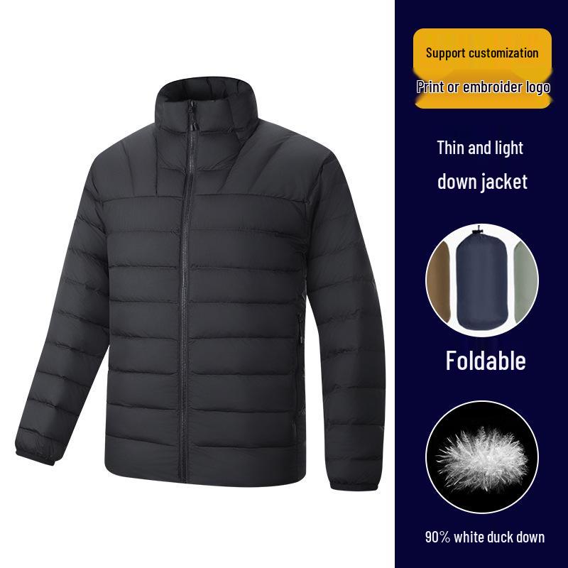Hochwertige Unisex-Leichtgewicht-Daunenjacke mit Rippenstruktur, 90 % weiße Entendaunen und mit Text bedrucktem Futter