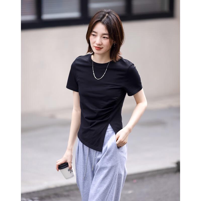 Demana Women's Fitted Round Neck T-Shirt with Side Slits